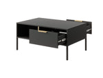 Black coffee table with two drawers and open shelf, metal bar handles, gold accents