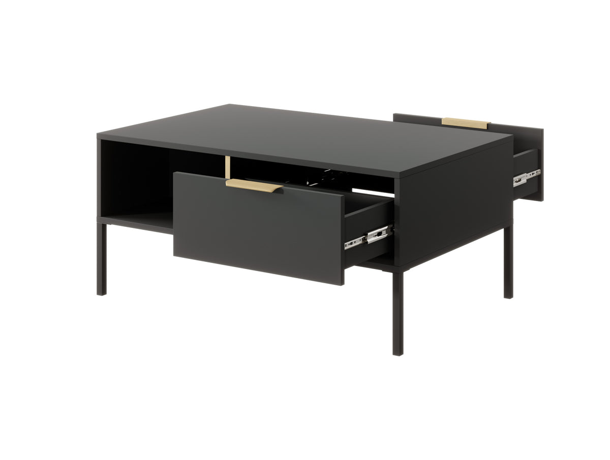 Black coffee table with two drawers and open shelf, metal bar handles, gold accents