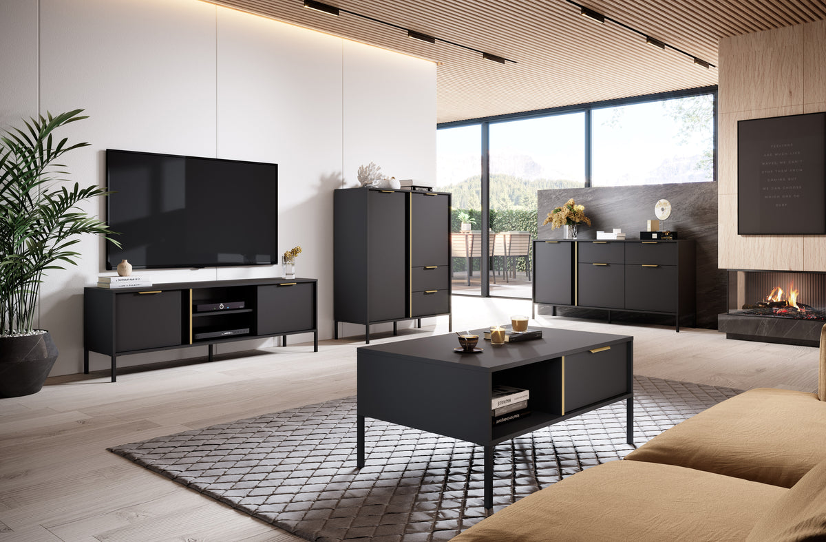 Black coffee table with open shelf and drawers in a living room setting