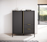 Dark Gala highboard with two doors and stacked drawers, gold bar handles, four legs