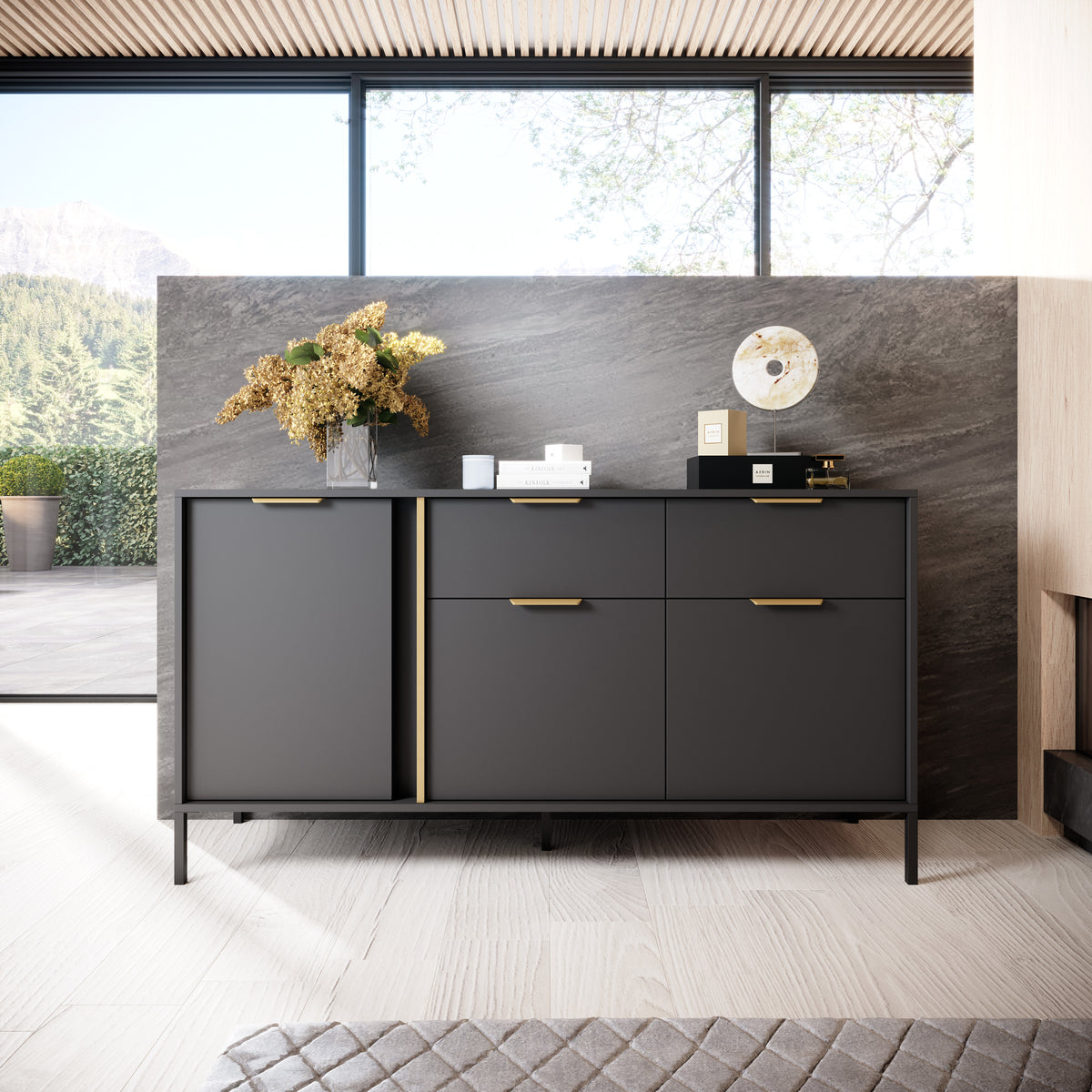 Dark sideboard with 3 doors and 2 drawers, gold bar handles