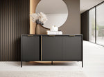 Dark gray 3-door sideboard with gold-tone pulls and slim metal legs