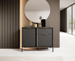 Dark gray sideboard with two doors and one drawer, gold bar handles on tall legs