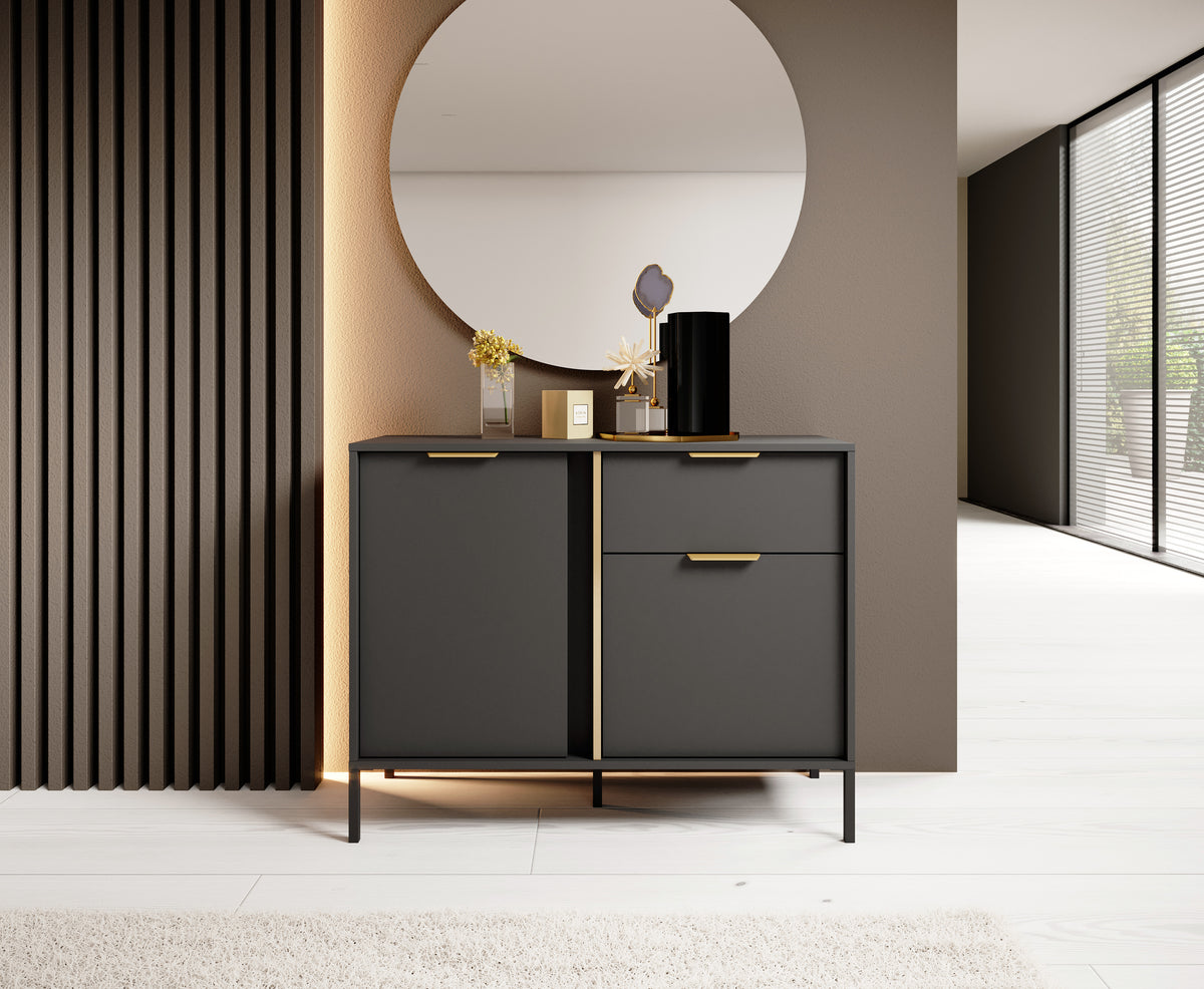 Dark gray sideboard with two doors and one drawer, gold bar handles on tall legs