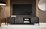 Long TV cabinet with two doors, central open compartment and shelf, dark gray, gold handles.