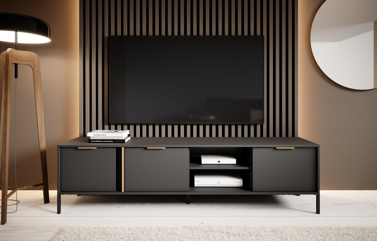 Long TV cabinet with two doors, central open compartment and shelf, dark gray, gold handles.