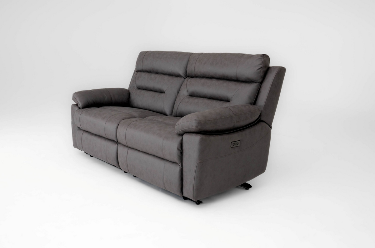 3-seat recliner sofa with wide chaise-style footrests and dark gray upholstery