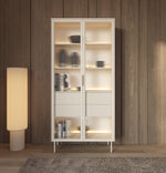 Display cabinet with double glass doors in Dunin Oak finish, warm LED shelf lighting