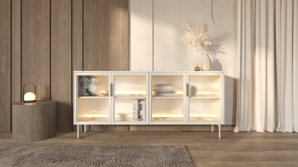White 4-door sideboard cabinet with ribbed glass doors and warm LED interior lighting