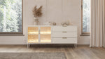 Light cashmere sideboard with ribbed glass doors and warm LED glow, three drawers