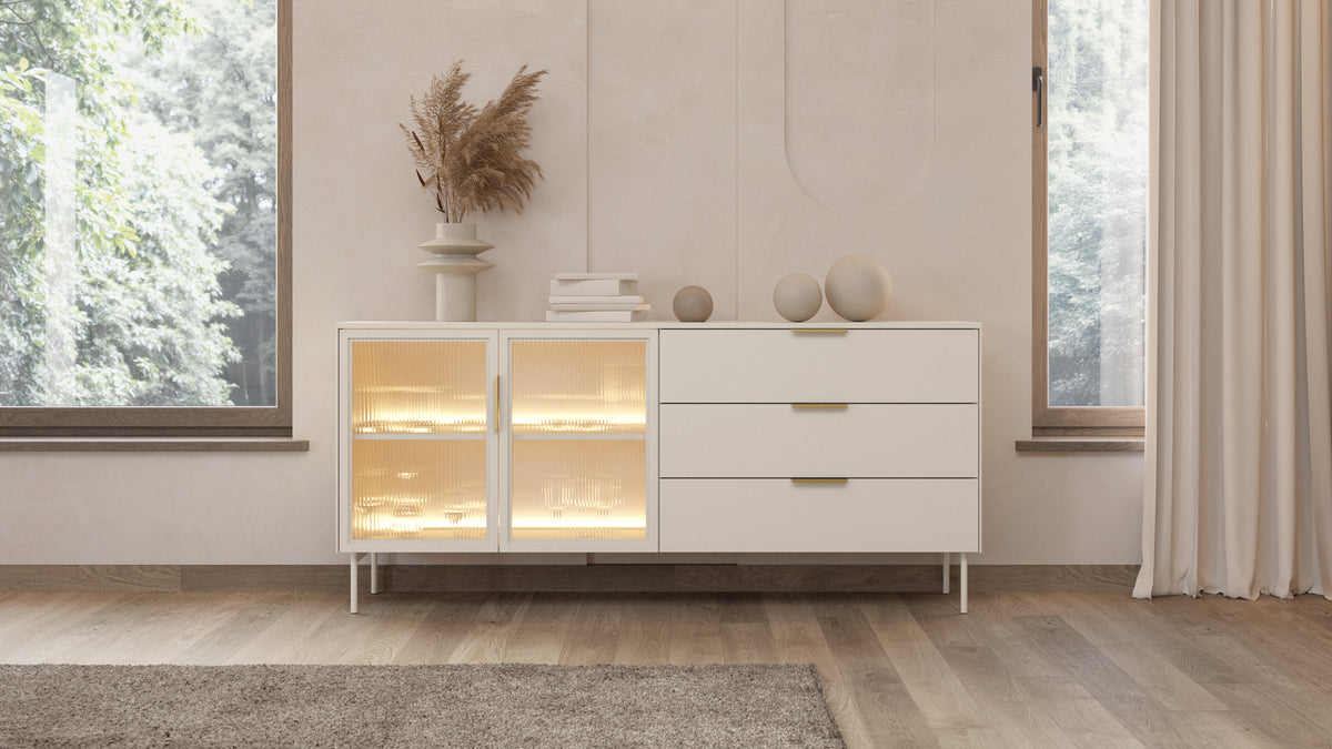Light cashmere sideboard with ribbed glass doors and warm LED glow, three drawers