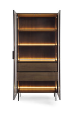 Display cabinet with open doors, dark frame and warm LED shelf lighting