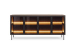 Dark 4-door sideboard cabinet with ribbed glass doors and warm LED interior lighting