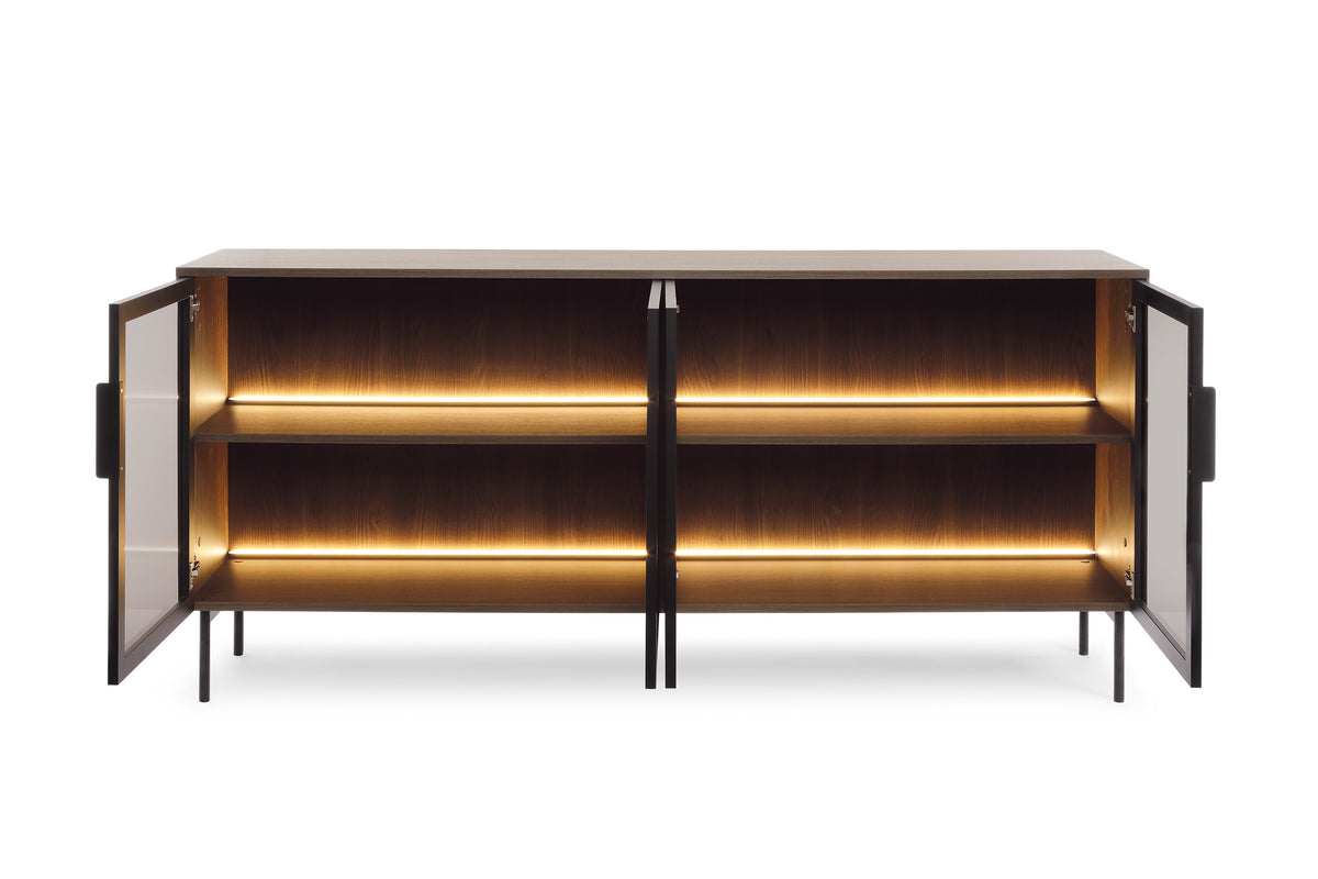 Dark 4-door sideboard cabinet with open glass doors and warm LED-lit shelves