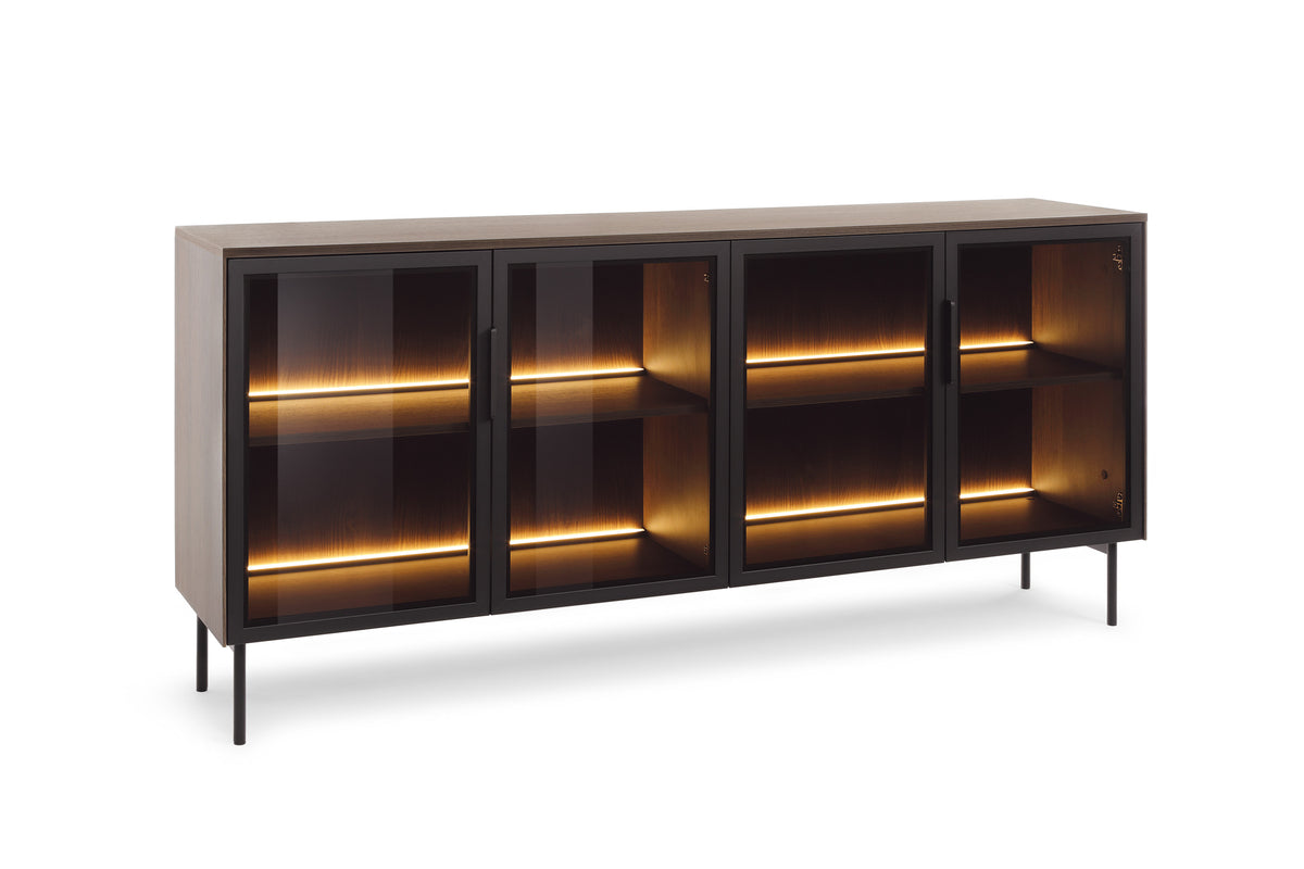 Dark 4-door sideboard cabinet with ribbed glass doors and warm LED lighting