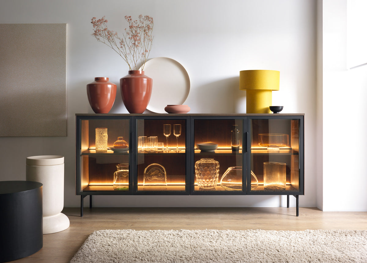 Dark 4-door sideboard cabinet with ribbed glass doors and warm LED interior lighting
