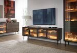 Bright TV cabinet with lit glass display shelves and dark frame, W181cm