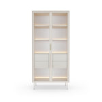 Display cabinet with double glass doors, light frame, warm LED shelf lighting