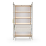 Display cabinet with open shelves and glass doors, white frame, interior lighting