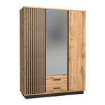 3-door wardrobe with slatted door, central mirror panel, side wood doors, and two drawers
