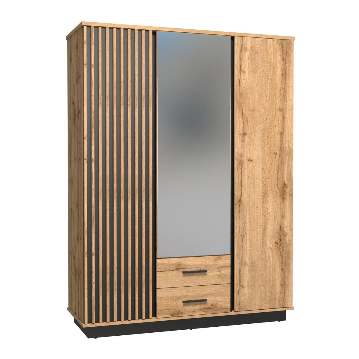 3-door wardrobe with slatted door, central mirror panel, side wood doors, and two drawers