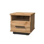 Light wood bedside table with open shelf and one drawer, black pull, 37 cm