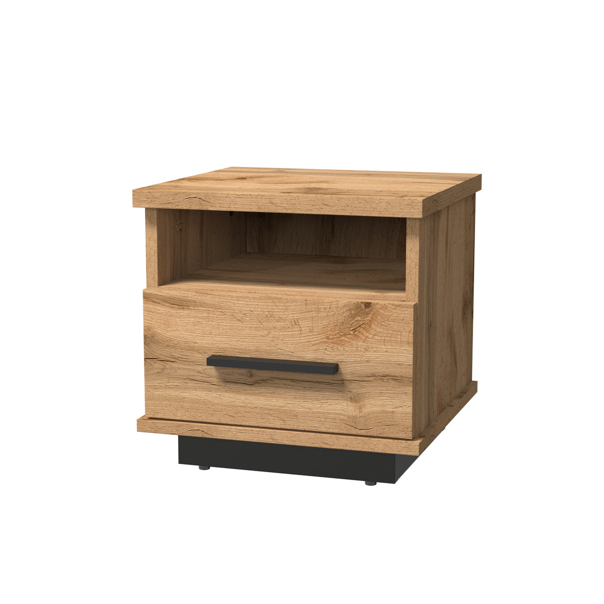 Light wood bedside table with open shelf and one drawer, black pull, 37 cm