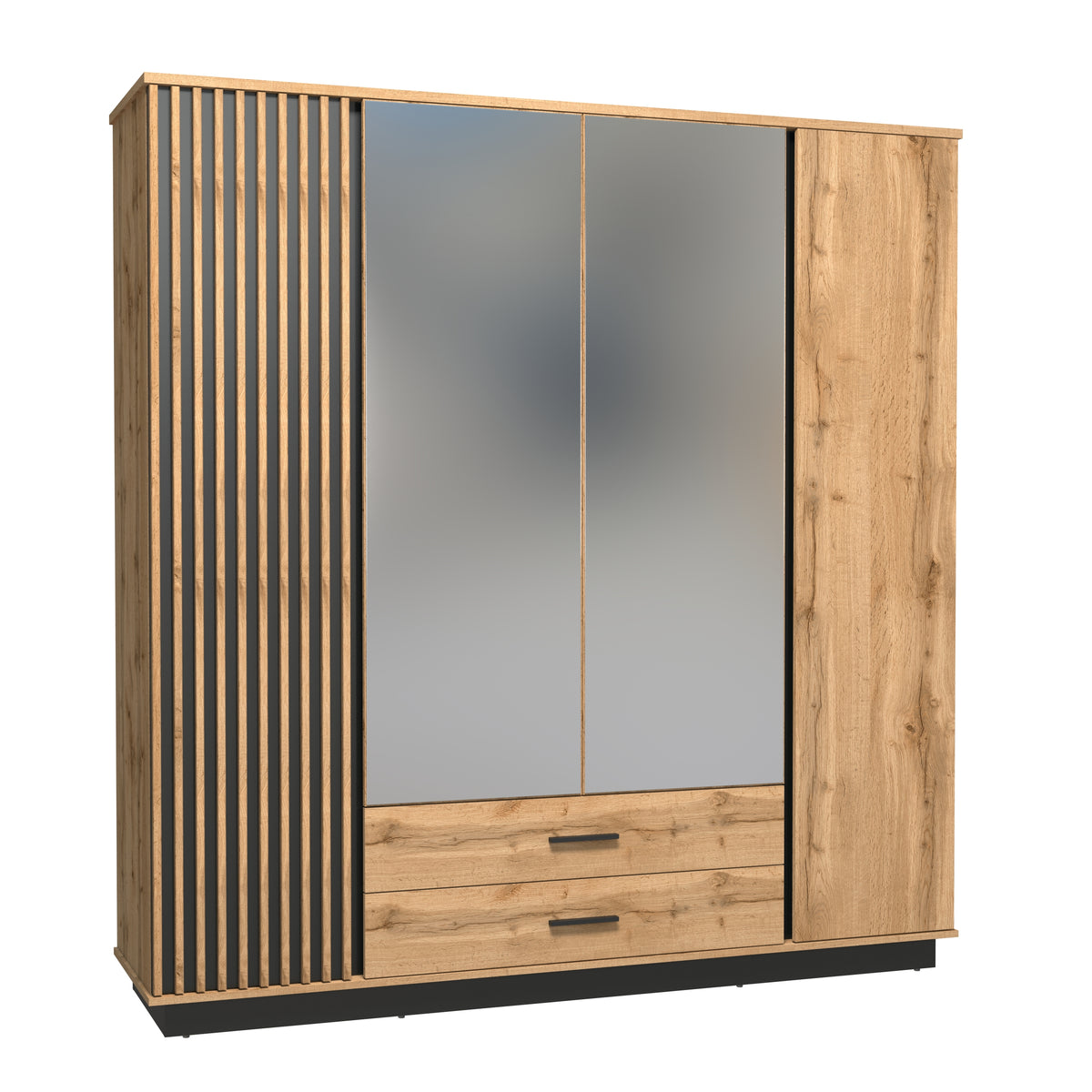 Ella 4-door wardrobe with frosted glass doors, wood panels, and two drawers