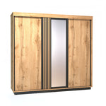 Wood sliding wardrobe with central mirror door and vertical black stripe panels