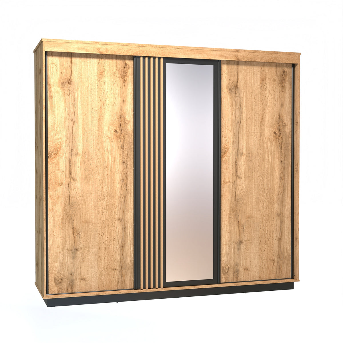 Wood sliding wardrobe with central mirror door and vertical black stripe panels