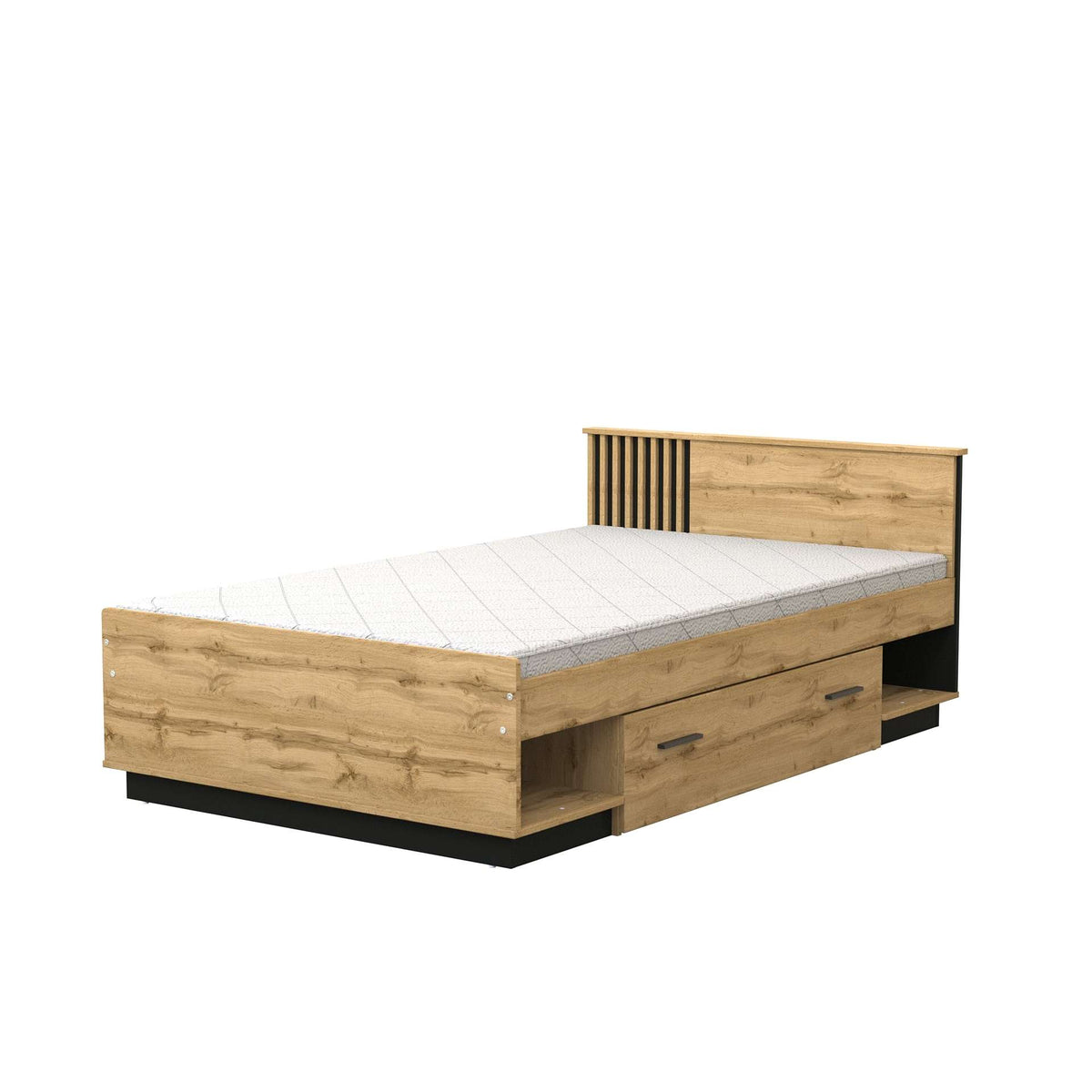 Wood-look storage bed with drawers and slatted headboard, white mattress on frame