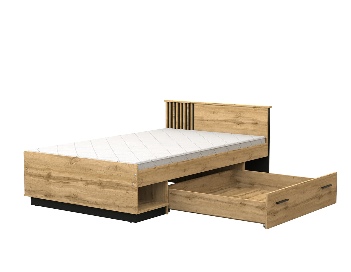 Wood-look storage bed with drawers, open compartment, white mattress on frame