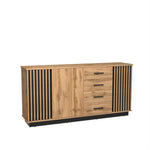 Wooden sideboard with slatted doors and four drawers, dark base