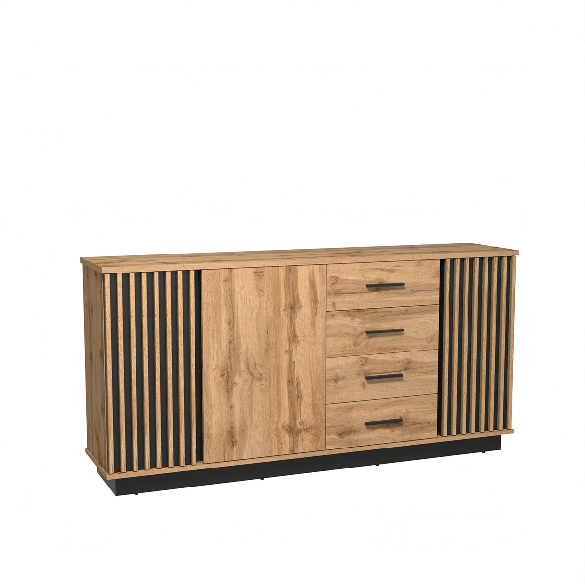 Wooden sideboard with slatted doors and four drawers, dark base