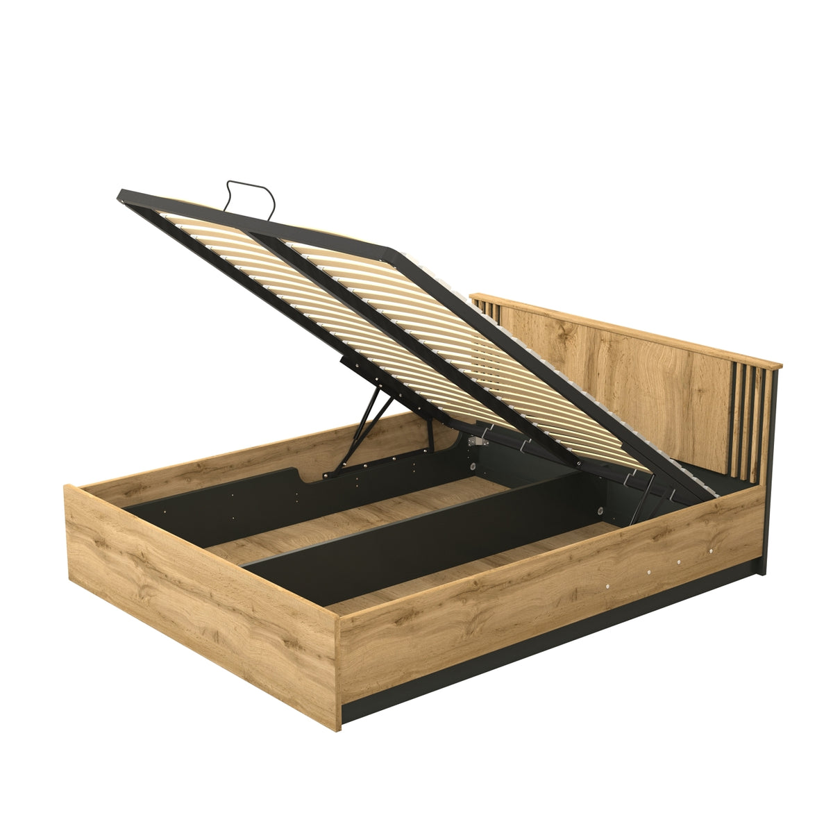 Wood-look ottoman storage bed with open lift-top showing slatted base