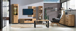 Wood TV wall panel with open shelves and black accents, flat-screen mount