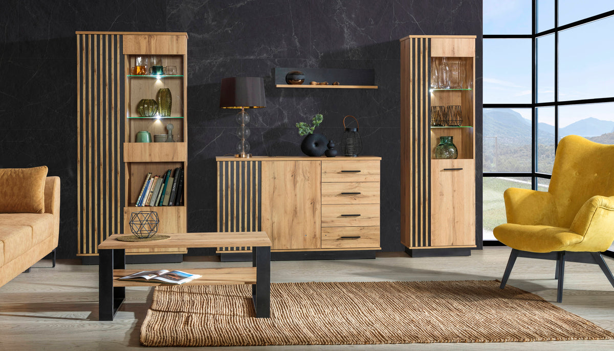 Wooden sideboard with two doors, vertical slats, and drawers with black bar handles