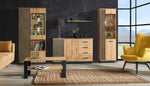 Wooden display cabinet with glass doors, vertical slat sides, interior shelves