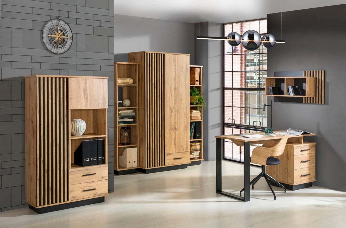 Wooden cubby shelving cabinet with glass door and open storage shelves, vertical slats