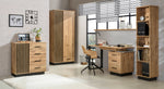 Wood sideboard with striped door and four drawers, black handles.