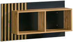 Wooden wall-mounted cubby shelf unit with two open compartments and vertical slat panel