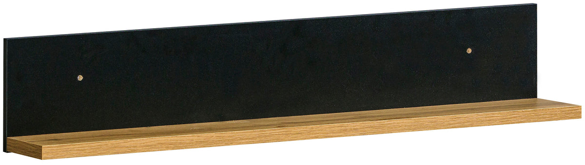 Wall shelf with black back panel and light wood ledge