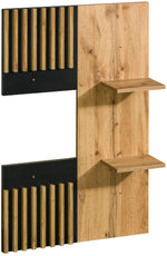 Wood TV wall panel corner with two open shelves and vertical slat design