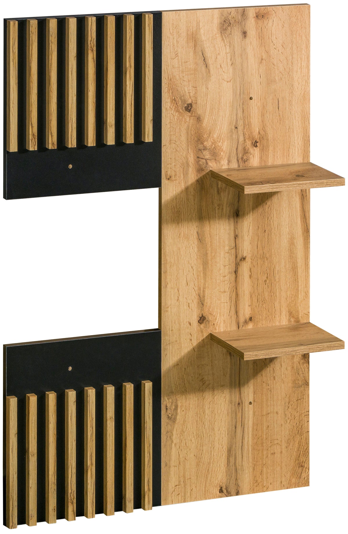 Wood TV wall panel corner with two open shelves and vertical slat design