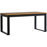 Rectangular dining table with medium-brown wood tabletop and black metal frame legs