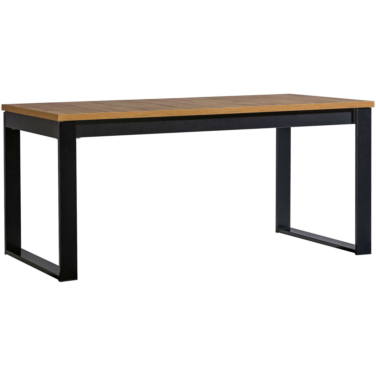 Rectangular dining table with medium-brown wood tabletop and black metal frame legs