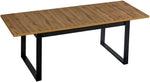 Rectangular dining table with medium-brown wood top and black metal legs