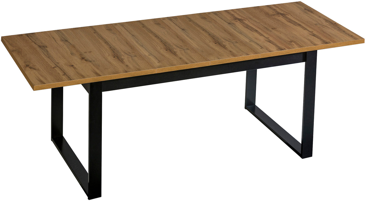 Rectangular dining table with medium-brown wood top and black metal legs