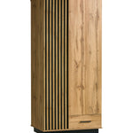 Two-door wooden wardrobe with vertical slat doors and bottom drawer, mixed light and dark