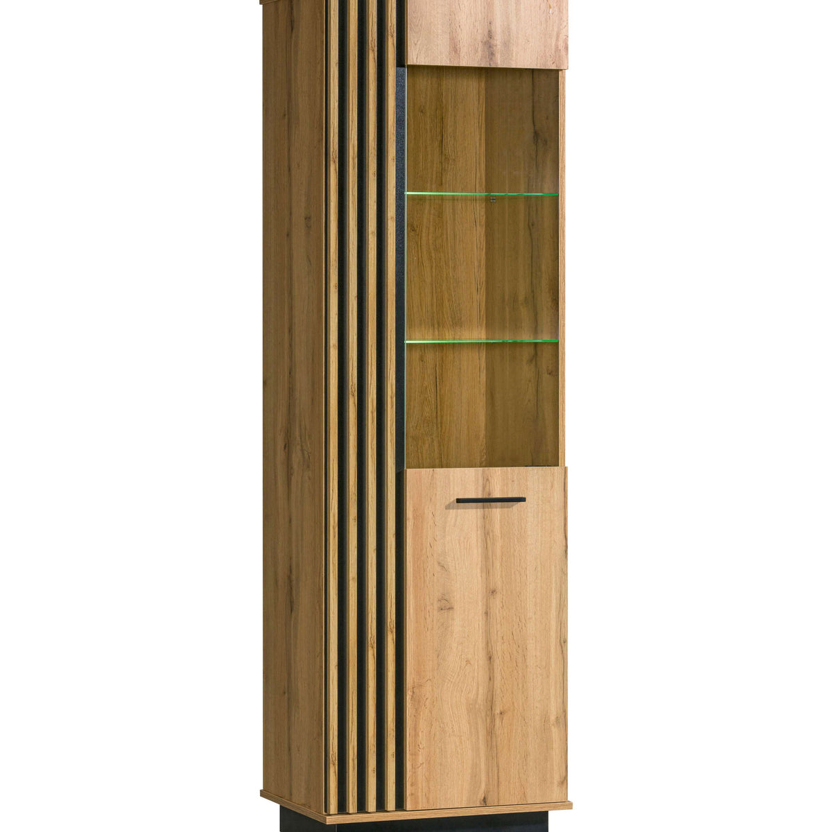 Narrow display cabinet with glass door, wood-look finish, and two interior shelves